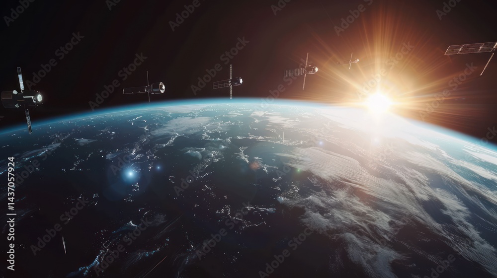 Wall mural silhouette view of a fleet of internet starlink satellites in orbit above earth. a line of satellite