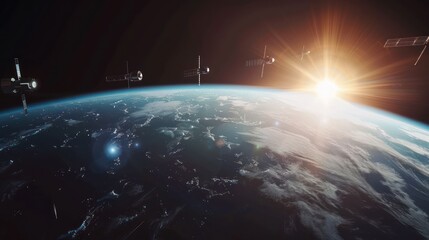 Silhouette view of a fleet of Internet starlink satellites in orbit above earth. A line of satellites providing internet connection from space with the sun in the horizon