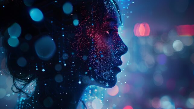 Dramatic side-lit shot of a rogue AI contemplating its reflection in a city-sized data stream, neon particles swirling around it. Cinematic cyber-noir existentialism