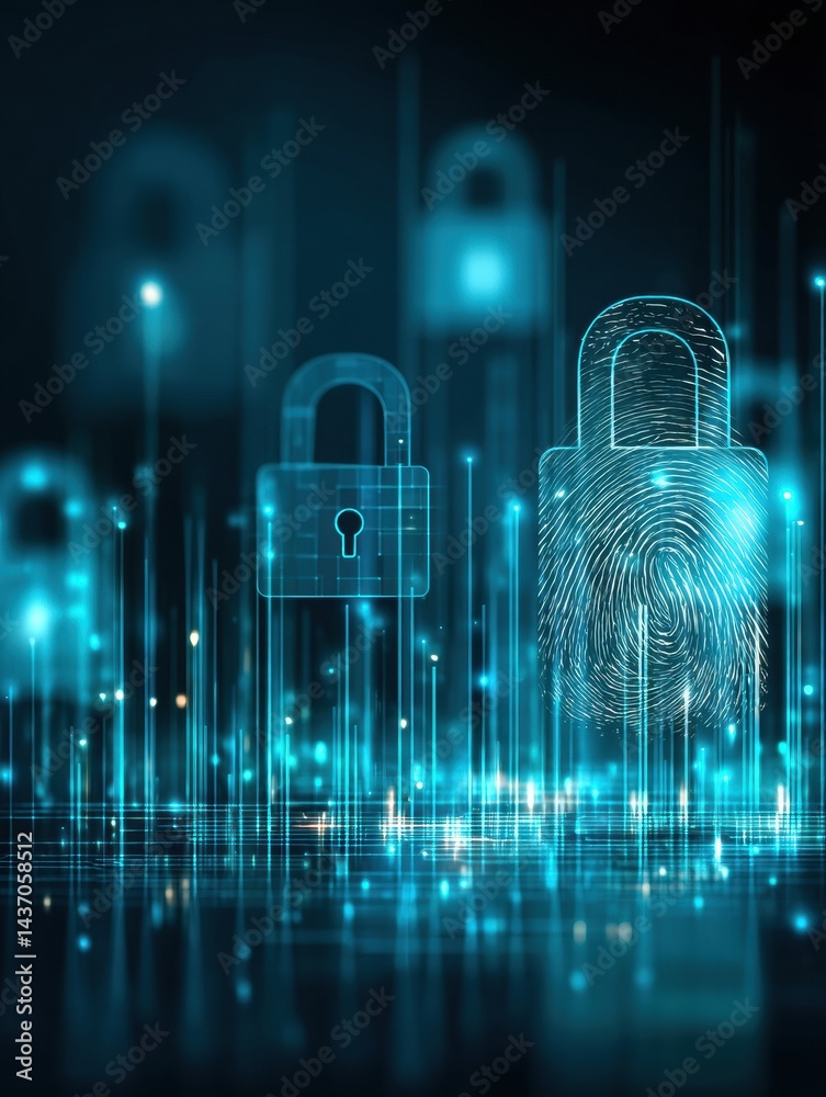 Aufkleber innovative cybersecure technology featuring holographic padlock and fingerprint icon in a digital en