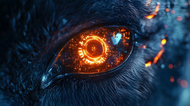 Extreme close-up of a cybernetic wolf s mechanical eye reflecting a massive neon metropolis, gears shifting within. Cinematic futuristic wildlife technology