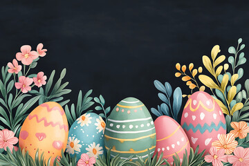 Colorful decorated Easter eggs surrounded by flowers and leaves on a dark background