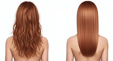 Hair Transformation Splitscreen Showing Auburn Hair Before and After Treatment from Wavy and Tangled to Smooth and Straight on a Woman's Back in Digital Painting