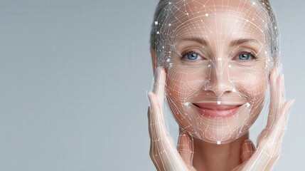 Female model with flawless skin smiling as a high-tech cosmetic scanner maps her face with digital light in a luxury clinic, ultra-detailed and vibrant.