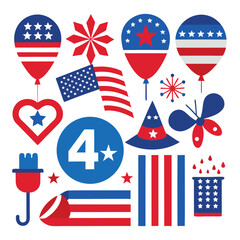 American 4th July red white and blue decorations icon set on white background