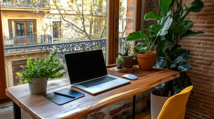 Peaceful home office workspace with computer and plants
