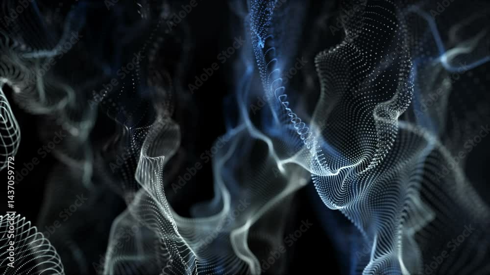 Poster futuristic video animation with particle wave object in slow motion, 4096x2304 loop 4k