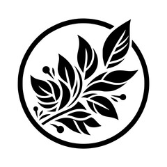 Black & White Leafy Branch Emblem in Circle