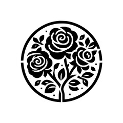Elegant Rose Emblem: Black and White Floral Design in Circle