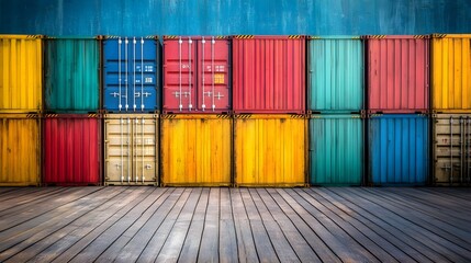 Fototapeta premium Colorful Stacked Containers on Wooden Floor in Various Shades