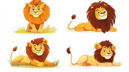 Fototapeta premium Four cute cartoon lions, grassland background, children's book illustration