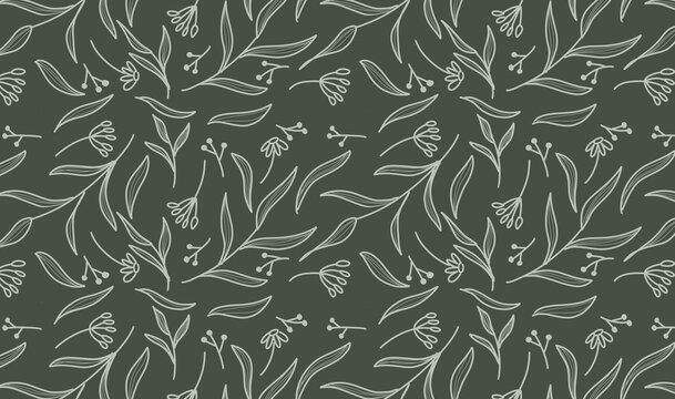 Pastel colored abstract brush drawn leaves and branches seamless pattern. Organic abstract shapes floral background. Freehand botanical doodle wallpaper