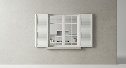 Observe exterior plaster wall featuring clean white window classic shutters offering glimpse modern kitchen interior blank ample copy space embodying architectural design concept idea perfect mockup