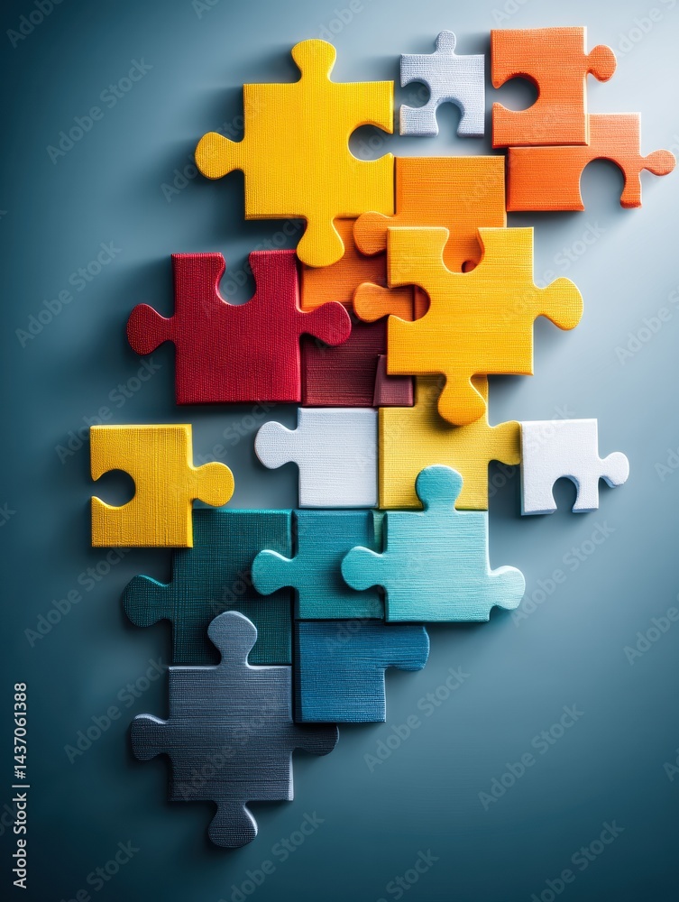 Poster puzzle pieces arranged in a vibrant composition representing teamwork and collaboration in a creativ