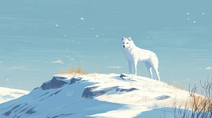 tranquil moment of lone arctic wolf standing on snowy hill, surrounded by serene winter landscape