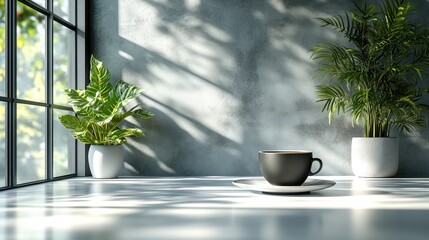 Modern, minimalist interior scene with coffee