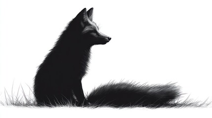 Obraz premium Black fox sits in grass