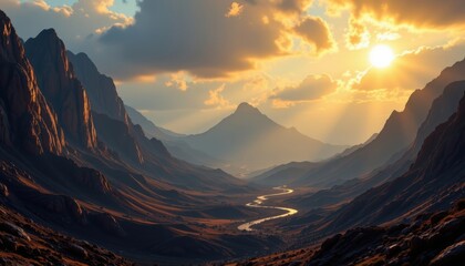 Surreal fantasy depiction of volcanic rock formations bathed in morning light in a distant valley with deep contrasting shadows