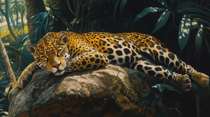 Majestic jaguar lounging peacefully on rock in rainforest, surrounded by lush greenery and vibrant foliage, exuding tranquility