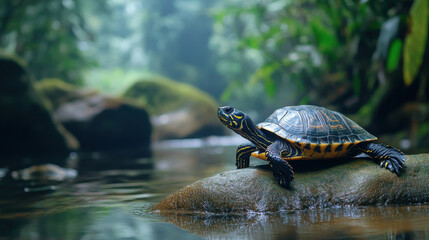 Fototapeta premium peaceful moment of turtle sunbathing on rock in serene river surrounded by lush greenery, evoking tranquility and nature beauty