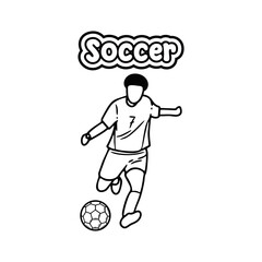 A simple line art vector illustration of a cartoon soccer player kicking a soccer ball