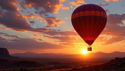 Obraz premium 3D render depiction of hot air balloon glowing at sunset on an alien planet with deep contrasting shadows