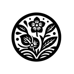Black and White Floral Medallion - Minimalist Design, Vector Illustration