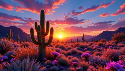 Abstract digital art depiction of desert cactus glowing at sunset in a sunlit meadow with neon accents