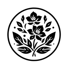 Black Floral Crest in Circle, Minimalist Graphic, Decorative Design Element