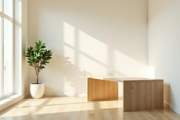 Fototapeta premium Minimalist room interior design featuring a simple wooden table and a potted plant, bathed in sunlight.