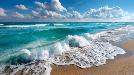 Turquoise waves crashing on a sandy beach under a partly cloudy sky.  Perfect for showcasing a beautiful coastal vacation