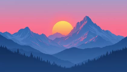 Selbstklebende Fototapeten Minimalist vector depiction of mountain landscape glowing at sunset underneath towering cliffs with pastel hues © Praphapan