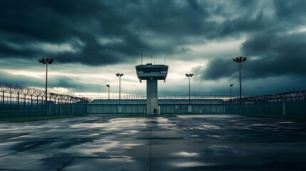 Security Tower and Perimeter Under Dramatic Sky