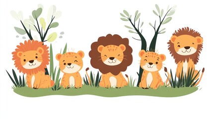 Naklejka premium Cartoon lions family sitting on grass under trees, a wildlife nature background