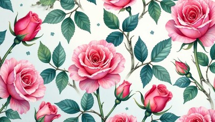 Delicate watercolor rosebuds and leaves, repeat seamlessly , watercolor, pattern