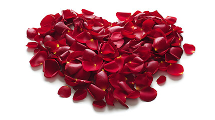 A pile of red rose petals in the shape of a heart