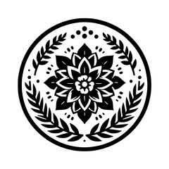 Elegant Black and White Floral Mandala Design, Circular Ornament