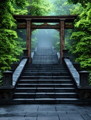 Minimalist ancient temple stairs ascend through lush green foliage to a misty horizon, a serene landscape in high resolution offe a 1-giixel standard view.