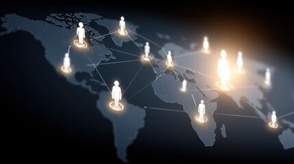 A digital map shows illuminated human icons connected across continents, representing global networking and communication.