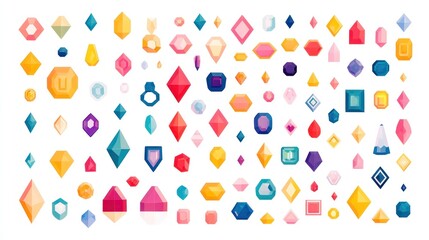 Colorful gemstone collection, various shapes, white background, game asset