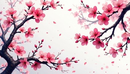 Fototapeta premium Intricate line art sakura branches and blossoms in a geometric pattern , textile, spring, graphic