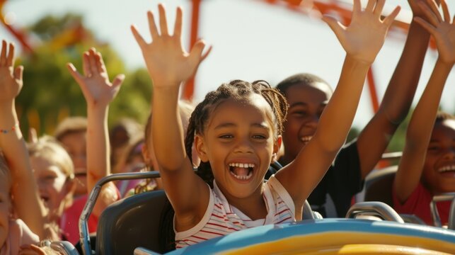 Thrilled children with hands raised high, experiencing the excitement of a rollercoaster ride on a sunny day. Joyful Rollercoaster Ride