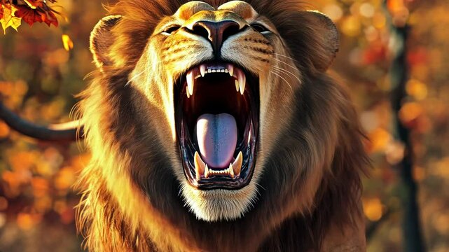 Majestic lion roaring in autumnal forest.  Close-up view of a powerful lion's head and mane, mouth agape in a roar.  Vibrant colors and details