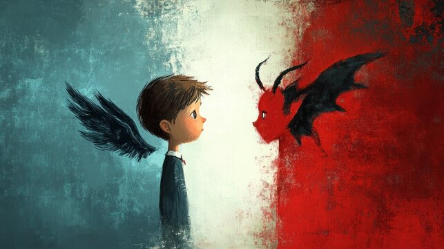 Child facing angel and devil