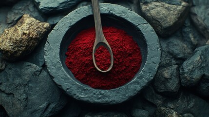 Dark, earthy bowl filled with vibrant red powder, set amongst slate rocks