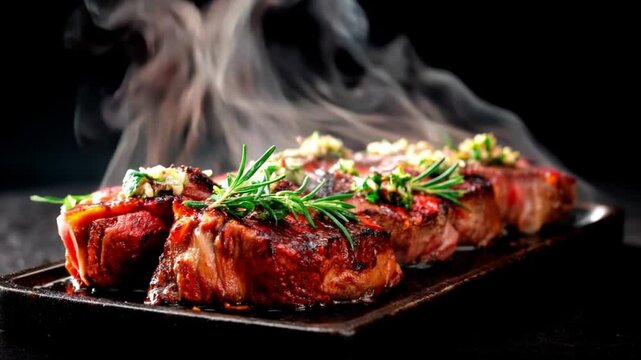 Sizzling steak with herbs on hot plate. Slow circular move. 4K.
