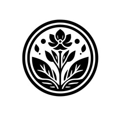 Floral Crest Logo, Simple Black and White Emblem