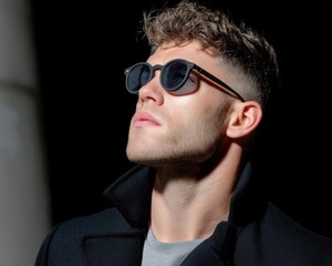 Obraz premium A stylish young man in sunglasses looks upward, wearing a dark coat, with sunlight highlighting his face against a dark background.