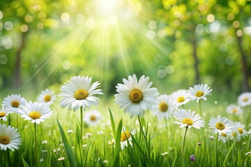 Vibrant Spring Garden Background Sunlit Daisies in Lush Green Grass