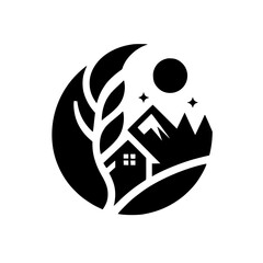 Minimalist Nature & Home Logo: Circle, Mountains, Stars, Black & White